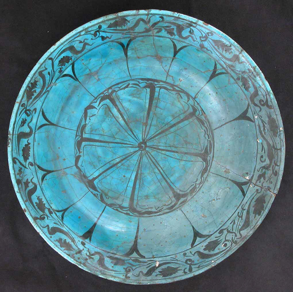 Dish, Stonepaste; painted in black under turquoise glaze 