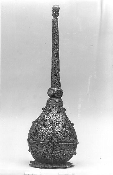 Sprinkler, Silver and silver filigree; partially gilded, inlaid with enamel and colored glass cabochons