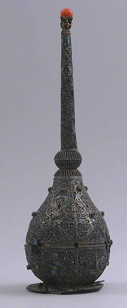 Sprinkler, Silver and silver filigree; partially gilded, inlaid with enamel and colored glass cabochons