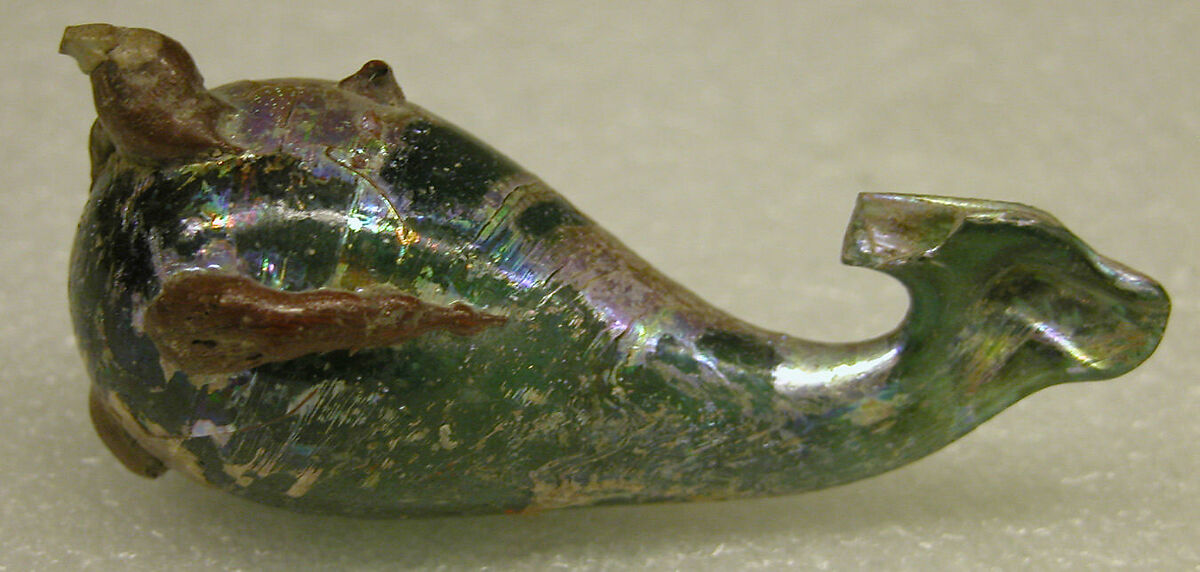 Bird-shaped Pendant with Brown Wings (Toy?), Glass, green; blown, applied opaque red decoration