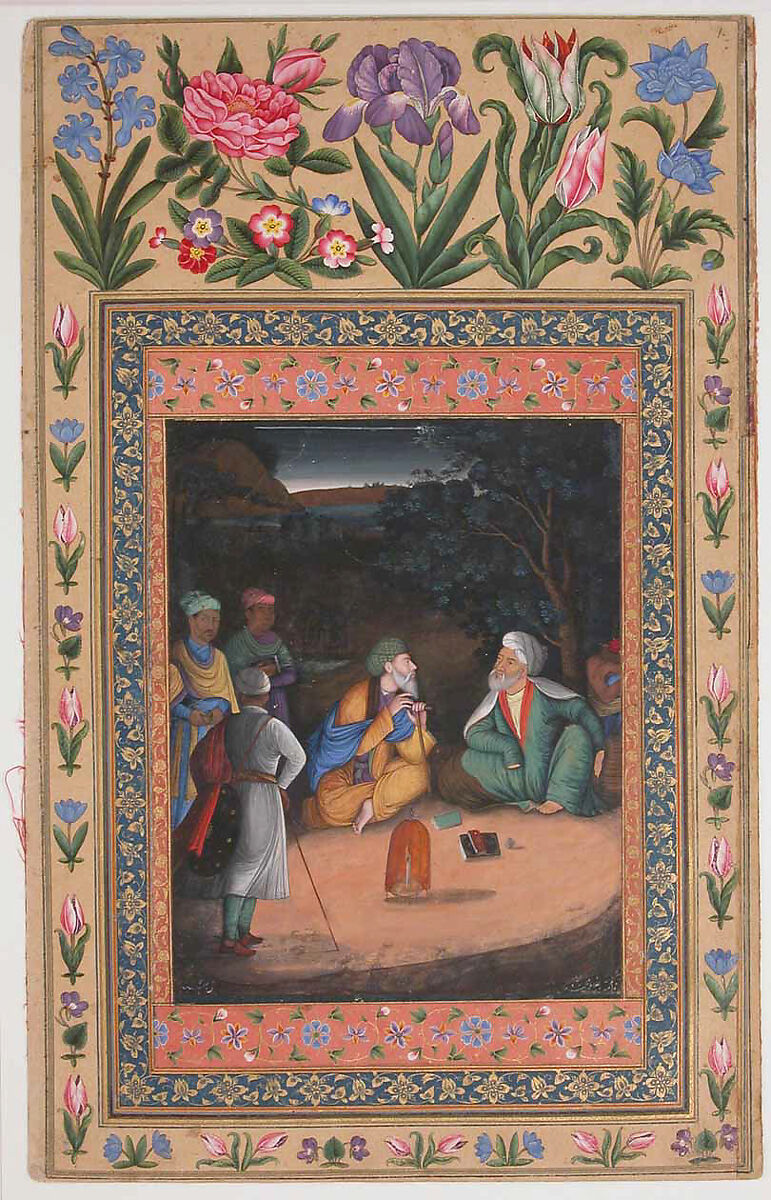 "A Night-time Gathering", Folio from the Davis Album, Painting by Muhammad Zaman (Iranian, active 1649–1700), Ink, opaque watercolor, and gold on paper