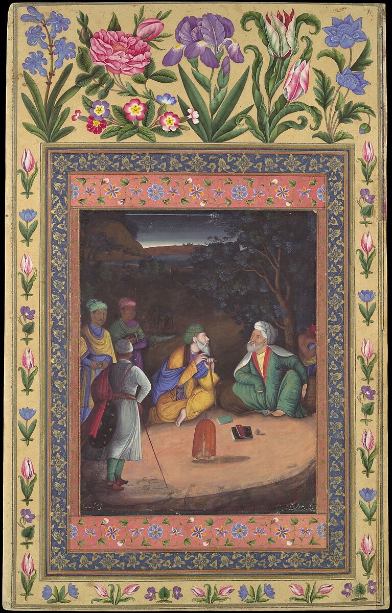 "A Night-time Gathering", Folio from the Davis Album, Painting by Muhammad Zaman (Iranian, active 1649–1700), Ink, opaque watercolor, and gold on paper 