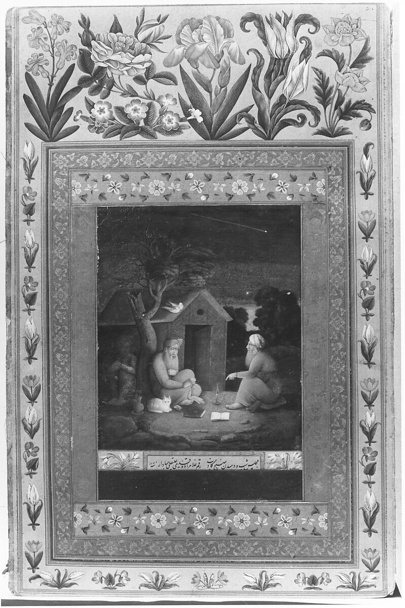 "Two Old Men in Discussion Outside a Hut", Folio from the Davis Album, Painting by 'Ali Quli Jabbadar (Iranian, active second half 17th century), Ink, opaque watercolor, and gold on paper