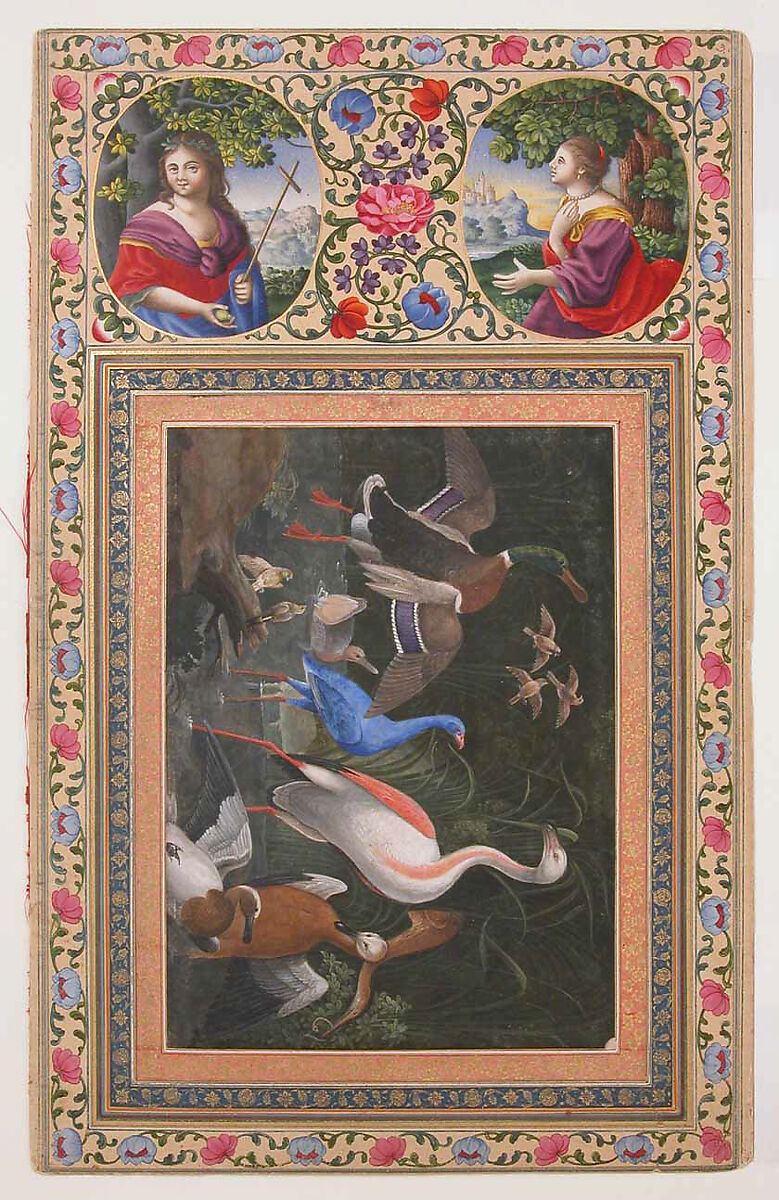 "Aquatic Birds at a Pool", Folio from the Davis Album, Ink, opaque watercolor, and gold on paper