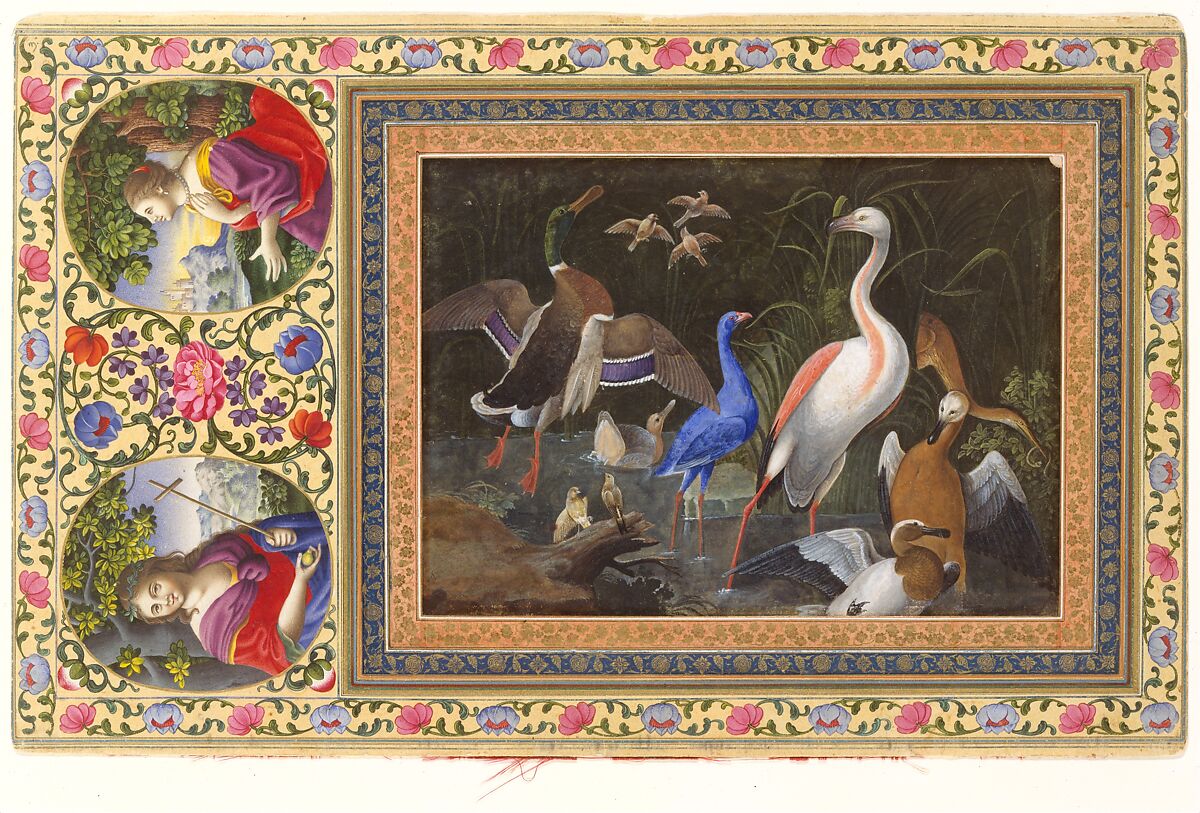 "Aquatic Birds at a Pool", Folio from the Davis Album, Ink, opaque watercolor, and gold on paper