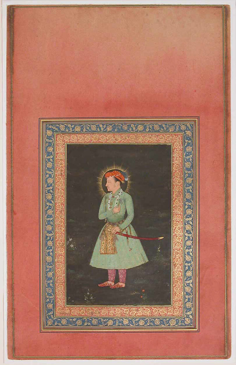 "Portrait of Jahangir Holding Flower", Folio from the Davis Album, Ink, opaque watercolor, and gold on paper 