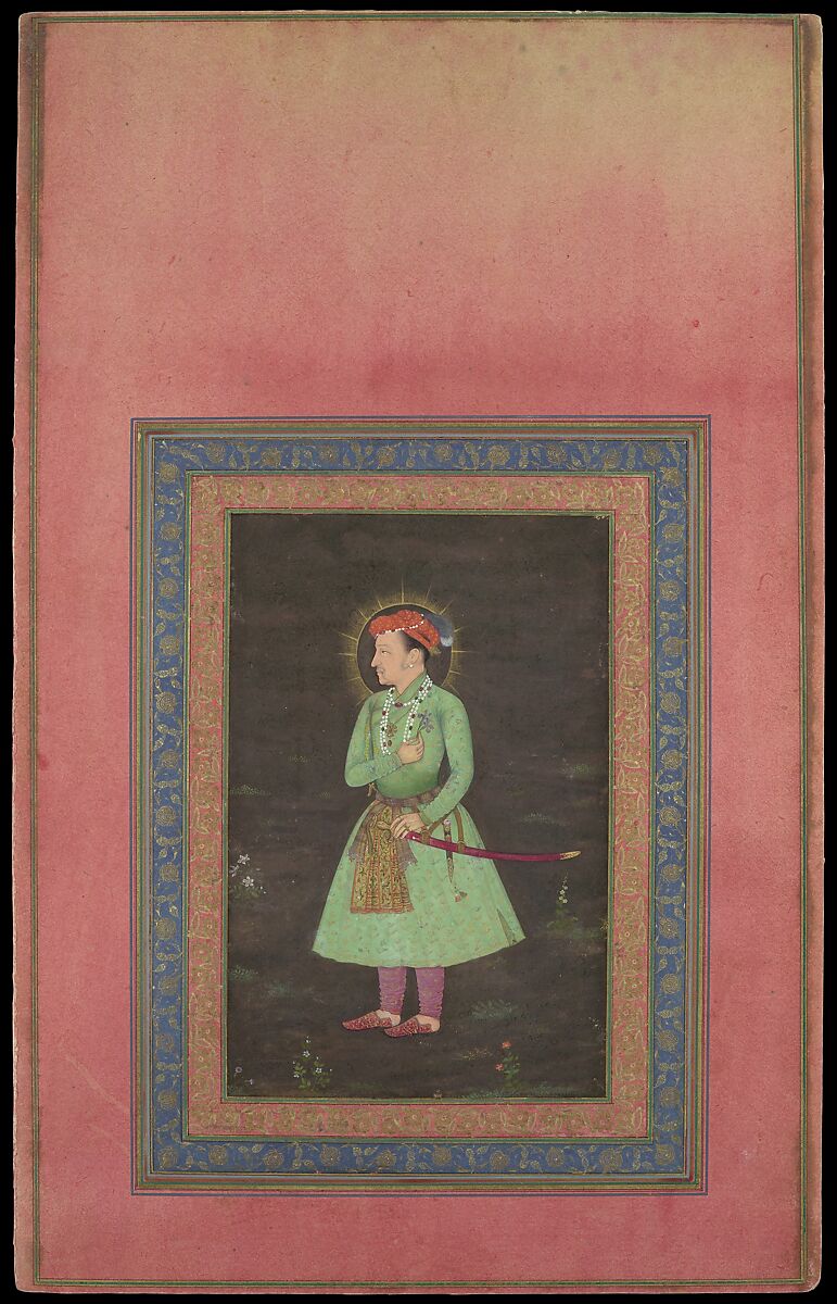 "Portrait of Jahangir Holding Flower", Folio from the Davis Album, Ink, opaque watercolor, and gold on paper