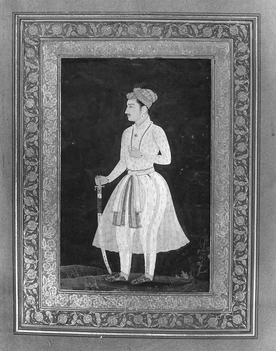 "Portrait of Jahangir Holding Flower", Folio from the Davis Album, Ink, opaque watercolor, and gold on paper