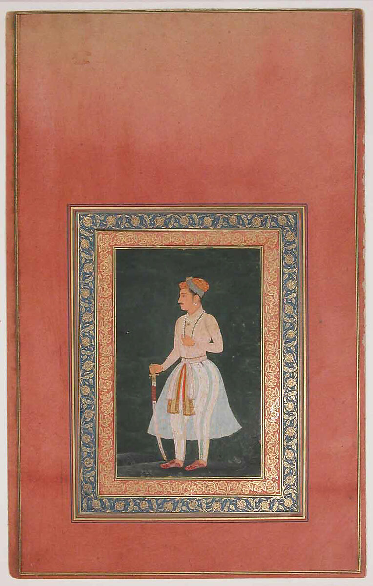 "Portrait of a Noble in Gauzy White Costume", Folio from the Davis Album, Ink, opaque watercolor, and gold on paper