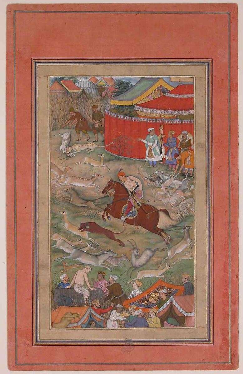 "Hamid Bhakari Punished by Akbar", Folio from a Manuscript of the Akbarnama. Folio from the Davis Album, Abu'l Fazl (Indian, Agra 1556–1602 Deccan Plateau), Ink, opaque watercolor, and gold on paper
