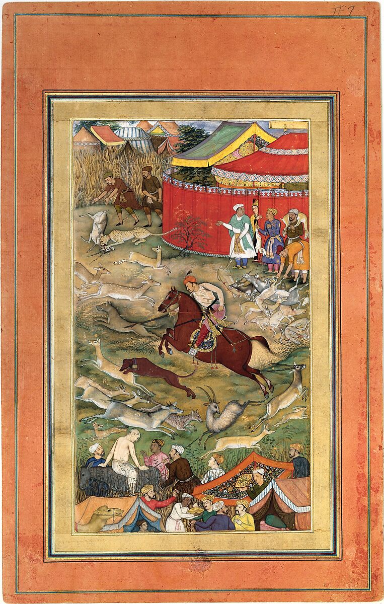 "Hamid Bhakari Punished by Akbar", Folio from a Manuscript of the Akbarnama. Folio from the Davis Album, Abu'l Fazl (Indian, Agra 1556–1602 Deccan Plateau), Ink, opaque watercolor, and gold on paper