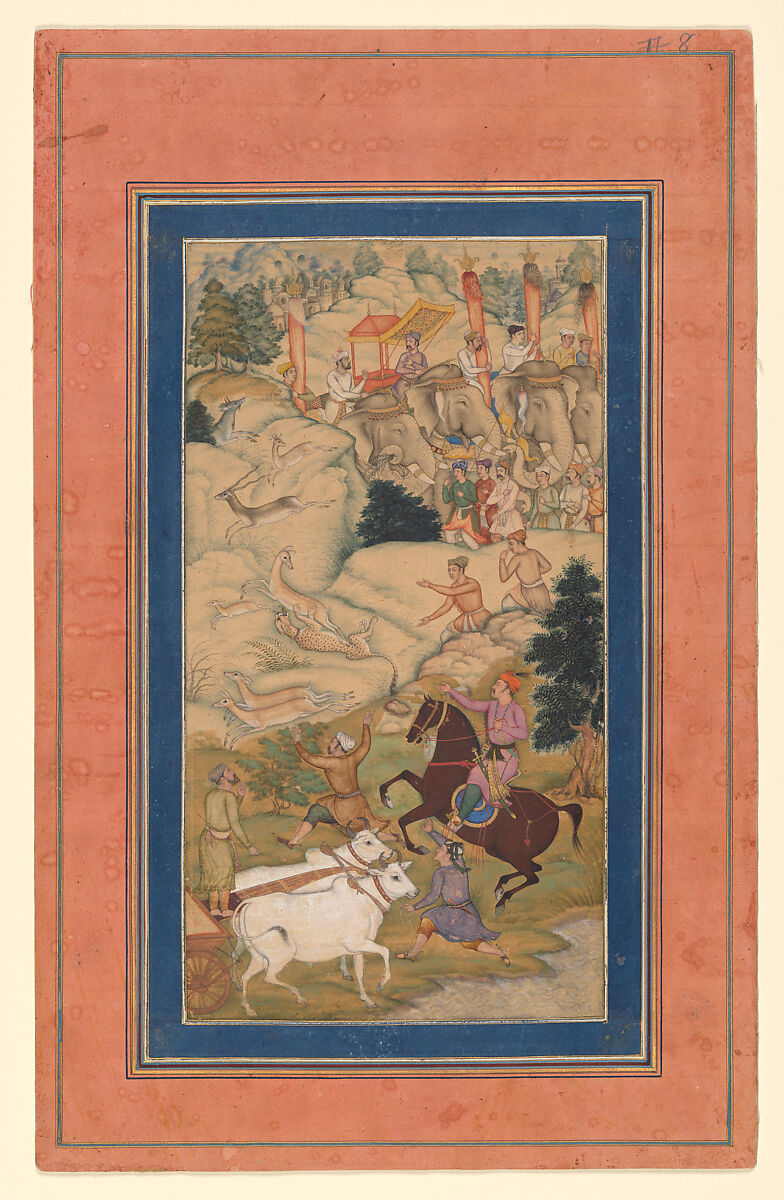 "Akbar Hunting with Cheetahs",  Folio from a Manuscript of the Akbarnama. Folio from the Davis Album, Abu&#39;l Fazl (Indian, Agra 1556–1602 Deccan Plateau), Ink, opaque watercolor, and gold on paper 