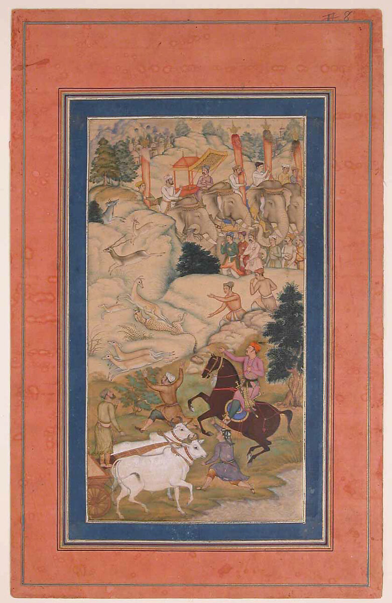 "Akbar Hunting with Cheetahs",  Folio from a Manuscript of the Akbarnama. Folio from the Davis Album, Abu&#39;l Fazl (Indian, Agra 1556–1602 Deccan Plateau), Ink, opaque watercolor, and gold on paper 