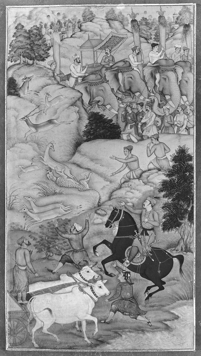 "Akbar Hunting with Cheetahs",  Folio from a Manuscript of the Akbarnama. Folio from the Davis Album, Abu'l Fazl (Indian, Agra 1556–1602 Deccan Plateau), Ink, opaque watercolor, and gold on paper
