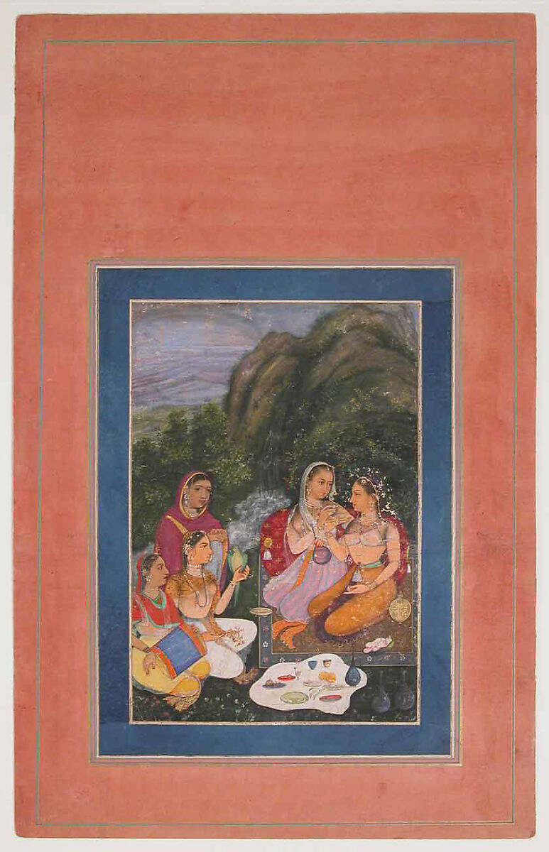 "Princess with Attendants Picnicking in the Open Air", Folio from the Davis Album, Ink, opaque watercolor, and gold on paper 