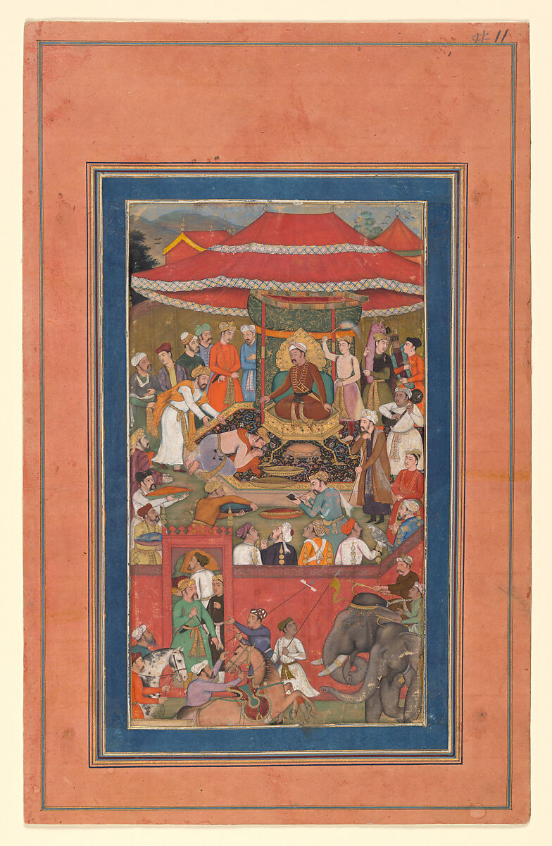"Asaf khan Presents Offerings (?)",  Folio from a Manuscript of the Akbarnama. Folio from the Davis Album, Abu&#39;l Fazl (Indian, Agra 1556–1602 Deccan Plateau), Ink, opaque watercolor, and gold on paper 