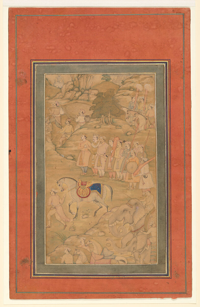 "Courtiers with a Riderless Horse", Folio from a Manuscript of the Akbarnama. Folio from the Davis Album, Abu&#39;l Fazl (Indian, Agra 1556–1602 Deccan Plateau), Ink, opaque watercolor, and gold on paper 