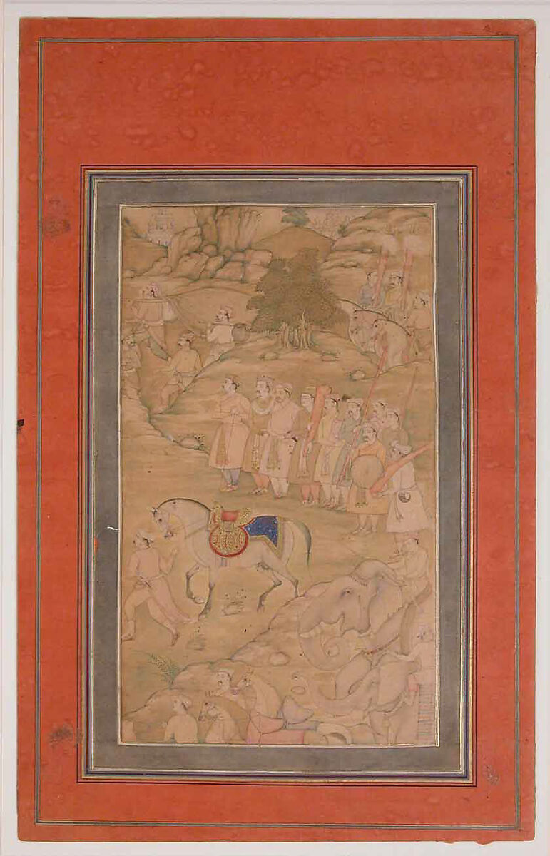 "Courtiers with a Riderless Horse", Folio from a Manuscript of the Akbarnama. Folio from the Davis Album, Abu'l Fazl (Indian, Agra 1556–1602 Deccan Plateau), Ink, opaque watercolor, and gold on paper