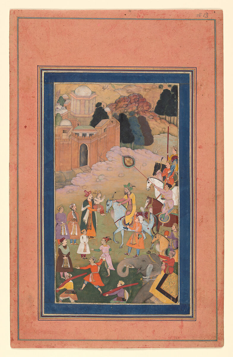 "The Emperor Humayun Returning from a Journey Greets his Son", Folio from a Manuscript of the Akbarnama. Folio from the Davis Album, Abu&#39;l Fazl (Indian, Agra 1556–1602 Deccan Plateau), Ink, opaque watercolor, and gold on paper 