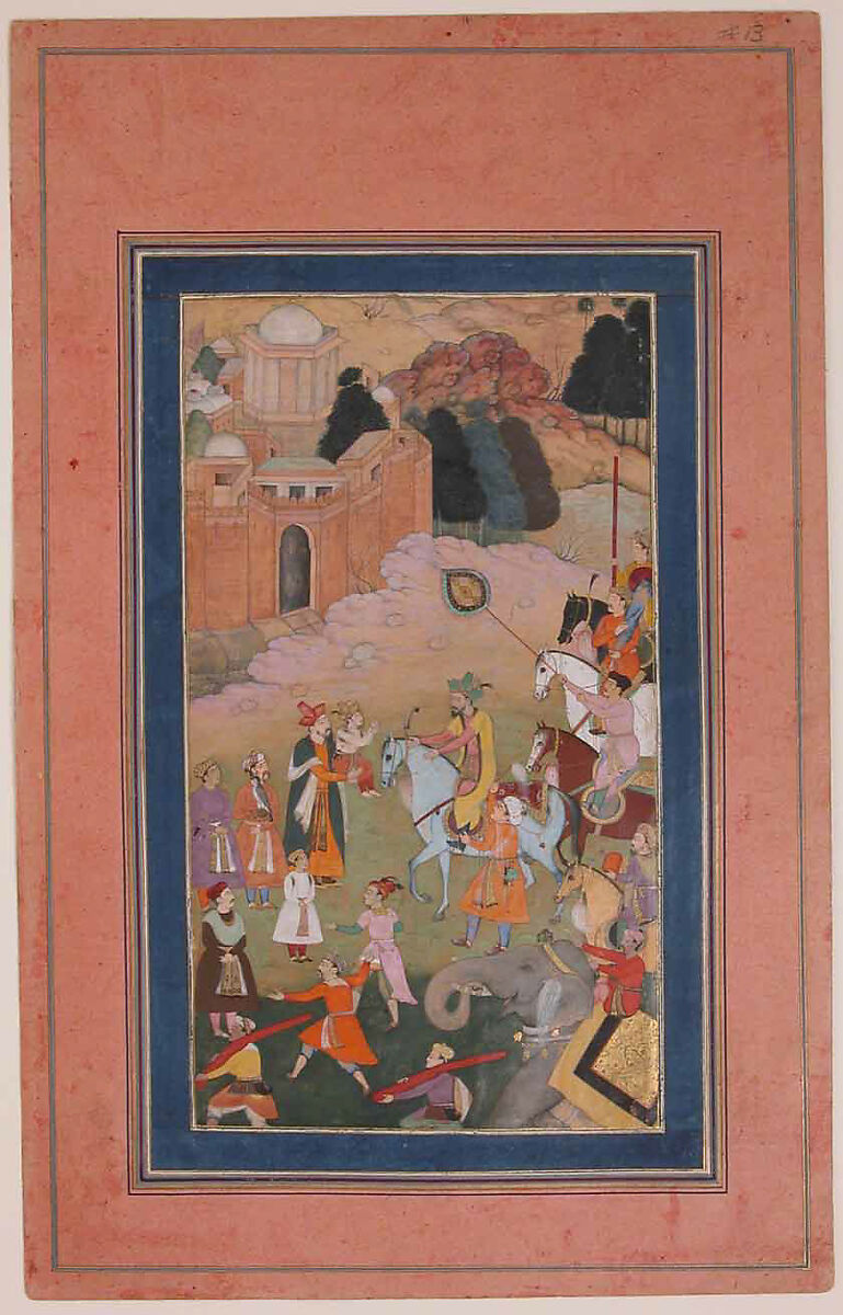 "The Emperor Humayun Returning from a Journey Greets his Son", Folio from a Manuscript of the Akbarnama. Folio from the Davis Album, Abu&#39;l Fazl (Indian, Agra 1556–1602 Deccan Plateau), Ink, opaque watercolor, and gold on paper 