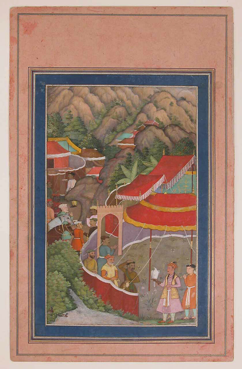 "Encampment in the Hills: Jahangir with Falcon", Folio from a Manuscript of the Akbarnama. Folio from the Davis Album, Abu&#39;l Fazl (Indian, Agra 1556–1602 Deccan Plateau), Ink, opaque watercolor, and gold on paper 