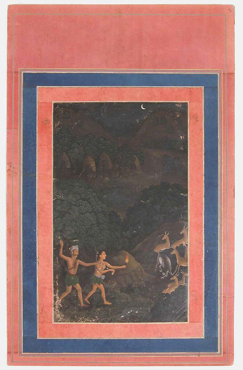 "Bhil Couple Hunting Deer at Night", Folio from the Davis Album, Ink, opaque watercolor, and gold on paper