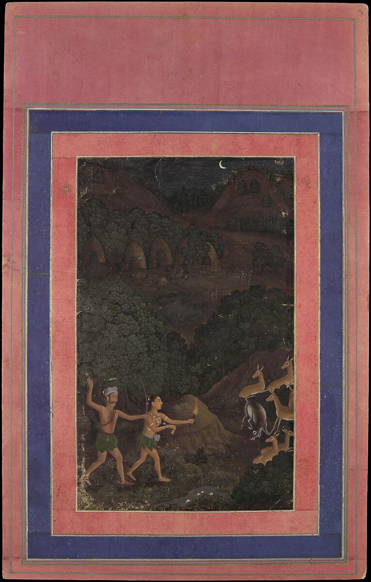 "Bhil Couple Hunting Deer at Night", Folio from the Davis Album, Ink, opaque watercolor, and gold on paper 