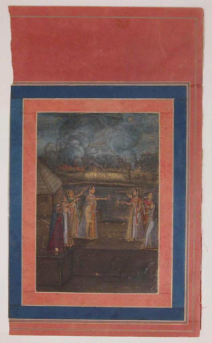"Fireworks on the Night of Shab-i Barat Feast", Folio from the Davis Album, Ink, opaque watercolor, and gold on paper