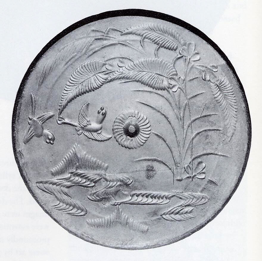Haguro Mirror (Haguro kyō) with Birds and Flowers by a Stream, Bronze, Japan