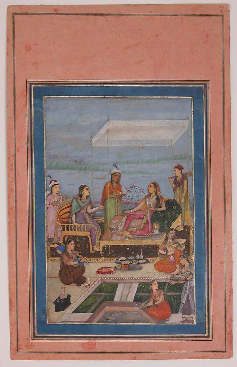 "Princess Entertaining a Visitor on the Balcony", Folio from the Davis Album, Ink, opaque watercolor, and gold on paper