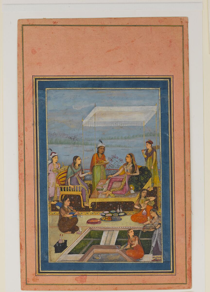 "Princess Entertaining a Visitor on the Balcony", Folio from the Davis Album, Ink, opaque watercolor, and gold on paper