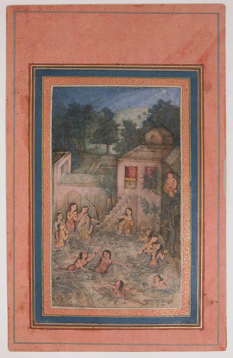 "Women Bathing by Moonlight", Folio from the Davis Album, Ink, opaque watercolor, and gold on paper