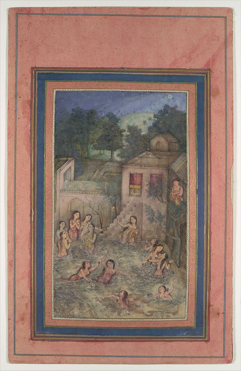 "Women Bathing by Moonlight", Folio from the Davis Album, Ink, opaque watercolor, and gold on paper 