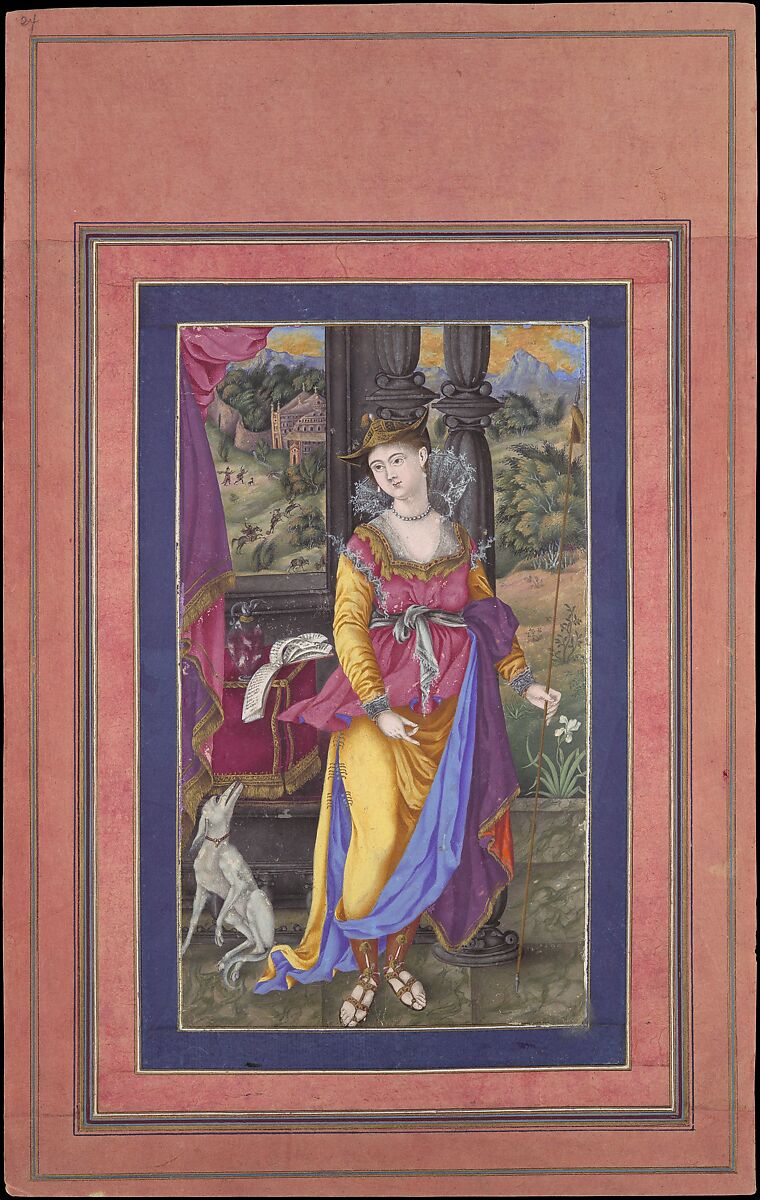 "Diana, Goddess of the Hunt", Folio from the Davis Album, Attributed to &#39;Ali Quli Jabbadar (Iranian, active second half 17th century), Ink, opaque watercolor, and gold on paper 