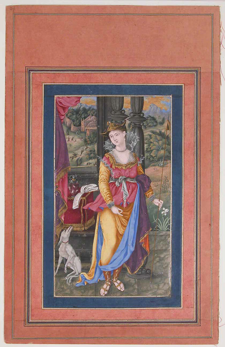 "Diana, Goddess of the Hunt", Folio from the Davis Album, Attributed to 'Ali Quli Jabbadar (Iranian, active second half 17th century), Ink, opaque watercolor, and gold on paper