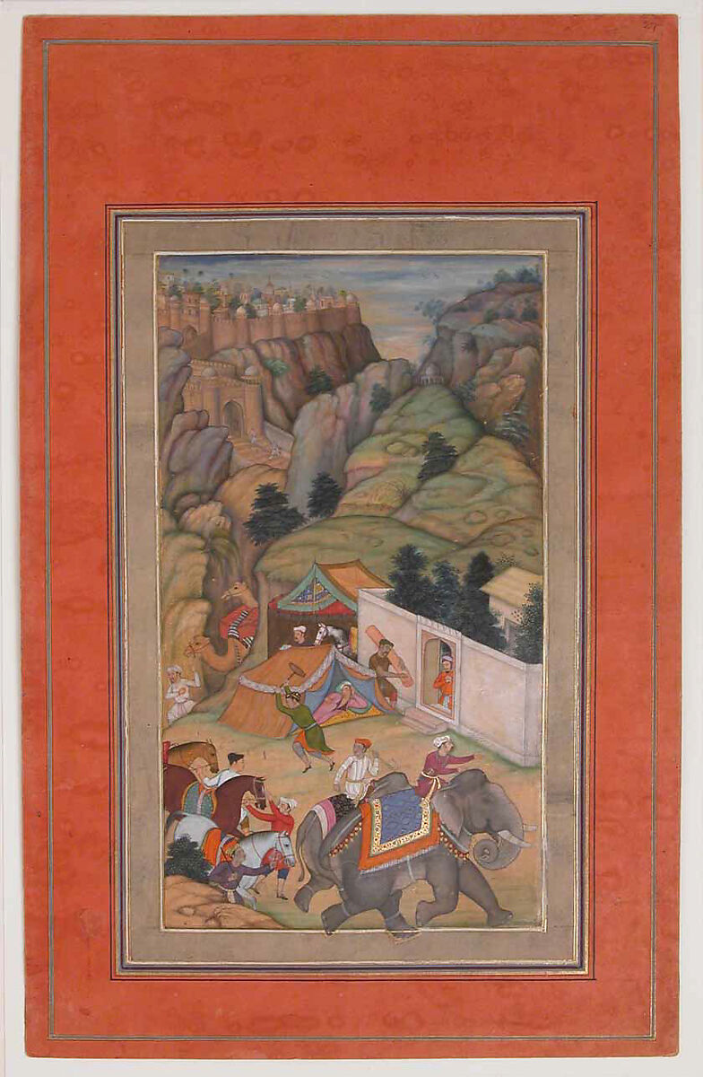 "Camp Being Prepared in the Hills", Folio from a Manuscript of the Akbarnama. Folio from the Davis Album, Ink, opaque watercolor, and gold on paper