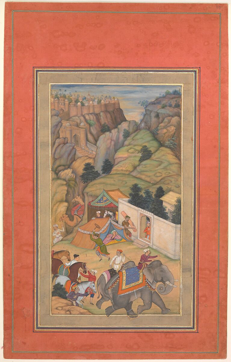 "Camp Being Prepared in the Hills", Folio from a Manuscript of the Akbarnama. Folio from the Davis Album, Ink, opaque watercolor, and gold on paper 