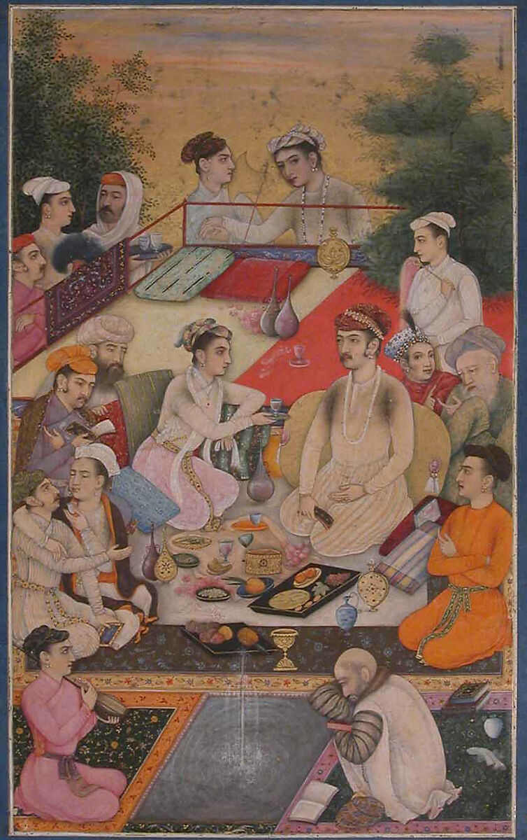 "Prince Feasting on a Balcony", Folio from the Davis Album, Ink, opaque watercolor, and gold on paper