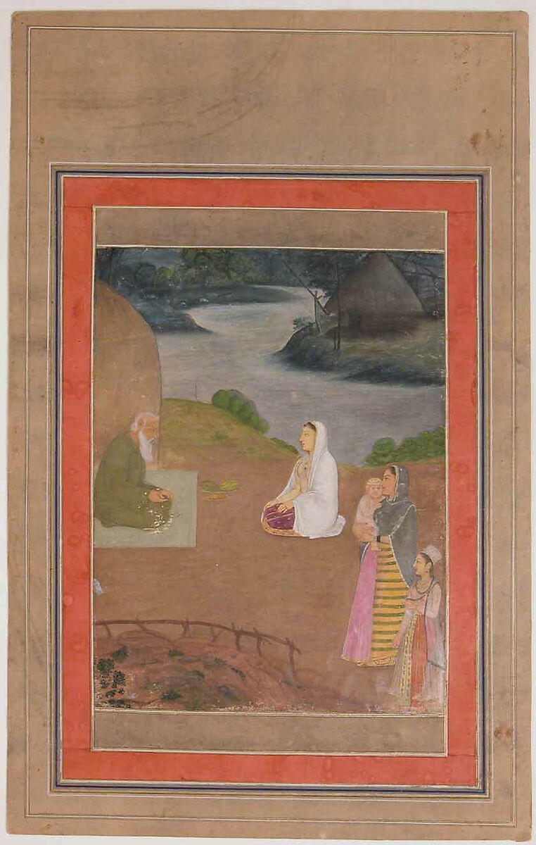 "Women Visiting a Hermit", Folio from the Davis Album, Ink, opaque watercolor, and gold on paper 