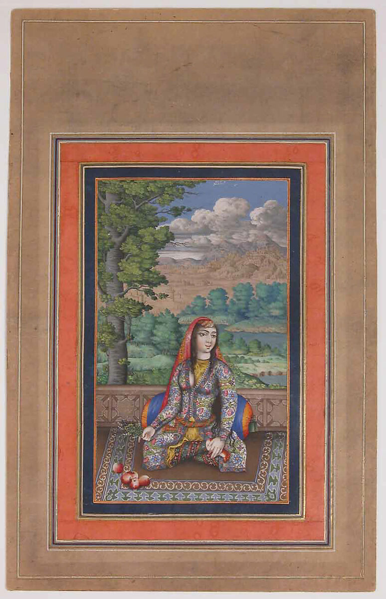 "Portrait of a Persian Lady", Folio from the Davis Album, Ink, opaque watercolor, and gold on paper