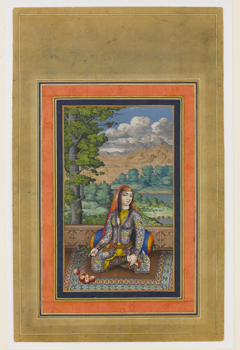 "Portrait of a Persian Lady", Folio from the Davis Album, Ink, opaque watercolor, and gold on paper 