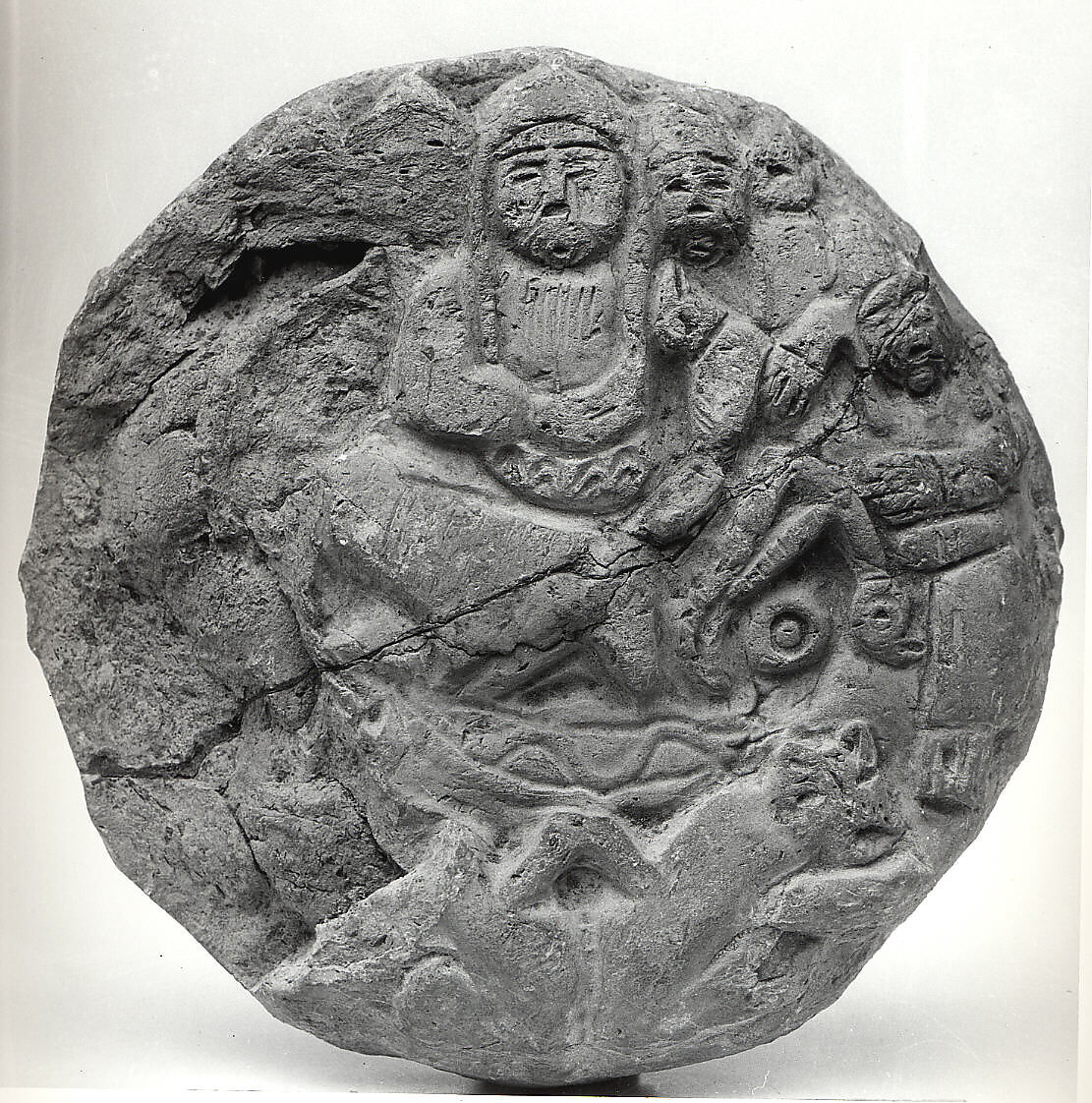 Medallion with Enthroned Figure and Attendants, Earthenware; carved