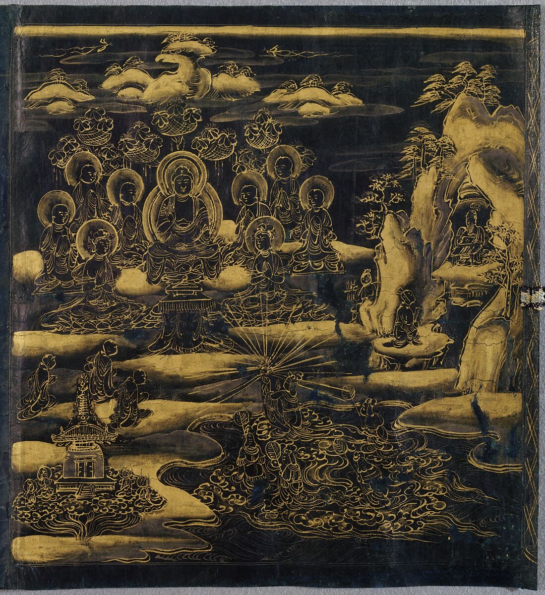 “Devadatta,” Chapter 12 of the Lotus Sutra (Hoke-kyō, Daibadatta-bon), Handscroll; gold and silver on indigo-dyed paper, Japan 