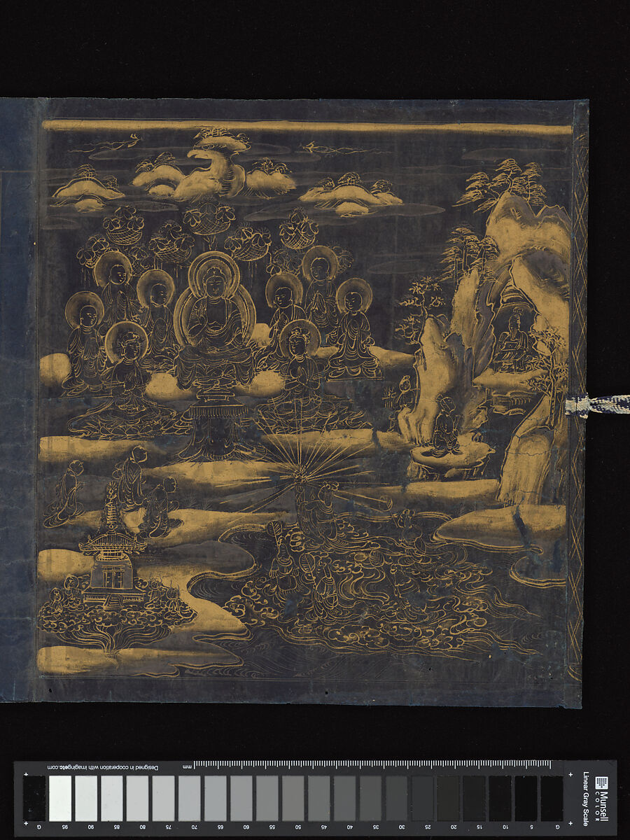 “Devadatta,” Chapter 12 of the Lotus Sutra (Hoke-kyō, Daibadatta-bon), Handscroll; gold and silver on indigo-dyed paper, Japan