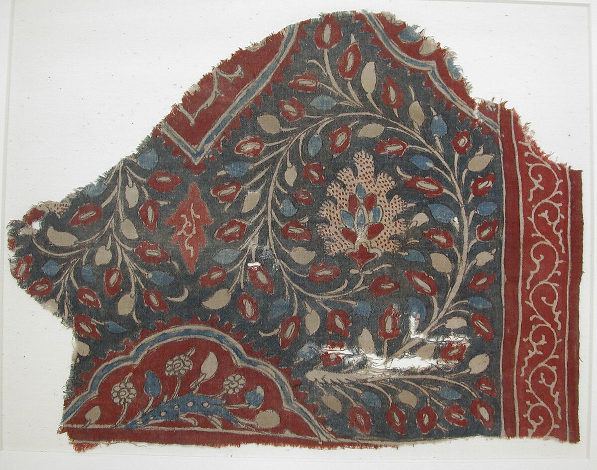 Textile Fragment, Cotton, plain weave; block-printed and painted, mordant and resist dyed  
