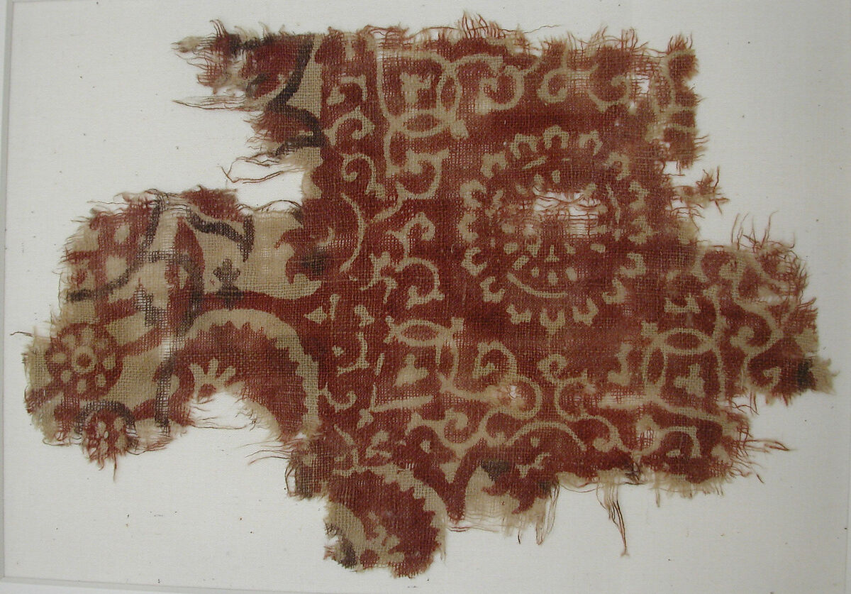 Textile Fragment, Cotton, plain weave; block-printed and/or painted, mordant dyed  