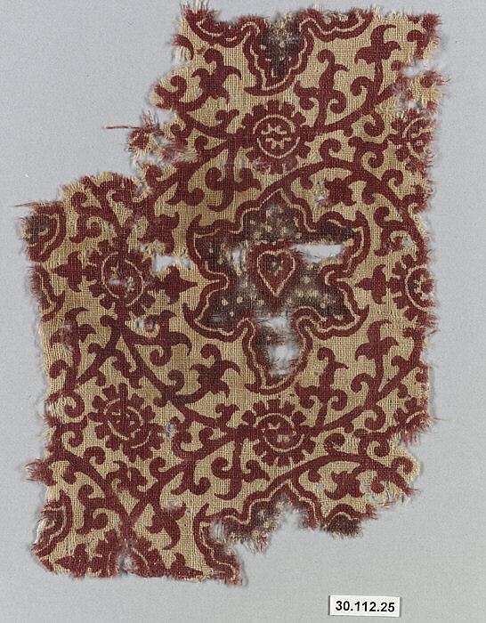 Textile with Foliated Scrolls, Cotton, plain weave; block-printed, mordant dyed