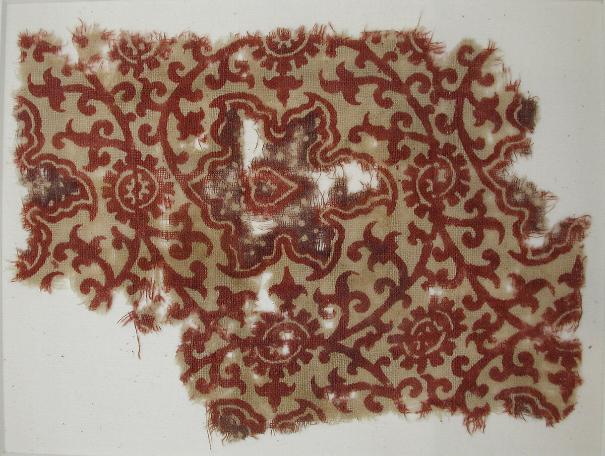 Textile with Foliated Scrolls, Cotton, plain weave; block-printed, mordant dyed