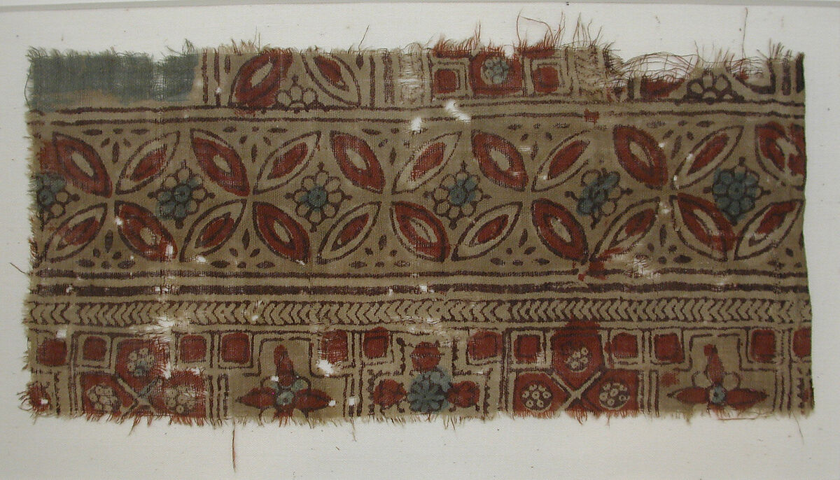 Textile Fragment, Cotton, plain weave; painted and/or printed, mordant and resist dyed 