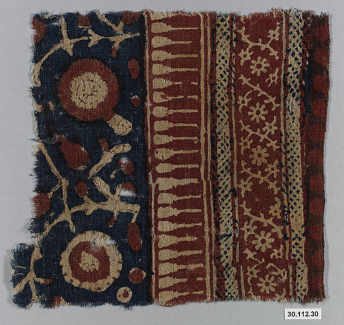 Textile Fragment, Cotton, plain weave; block-printed and/or painted, mordant and resist dyed 